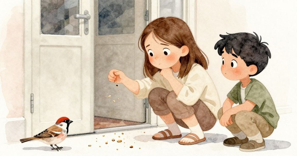 Tess蹲於滑門旁散播麵包屑引導麻雀,神情堅定,拉斐爾在遠處關注,展現城市車站內部秘辛。