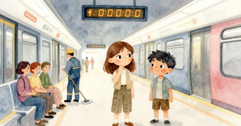 Tess與拉斐爾在走廊中等待,數字鐘閃現琥珀色數字,勞工拖地,時間緩慢流逝呈現城市韻味。