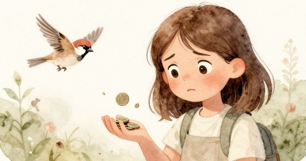 Tess面露焦慮與矛盾,手握顫動硬幣,麻雀掠過背景,內心掙扎於等待與追趕之間,情感濃烈。