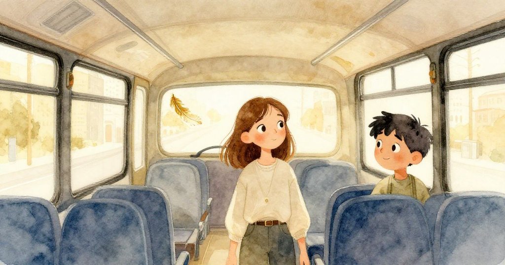 Tess與拉斐爾急步上車,公車內暖金光映照,微飄羽毛象徵故事循環,情景溫馨且富有都市韻味。