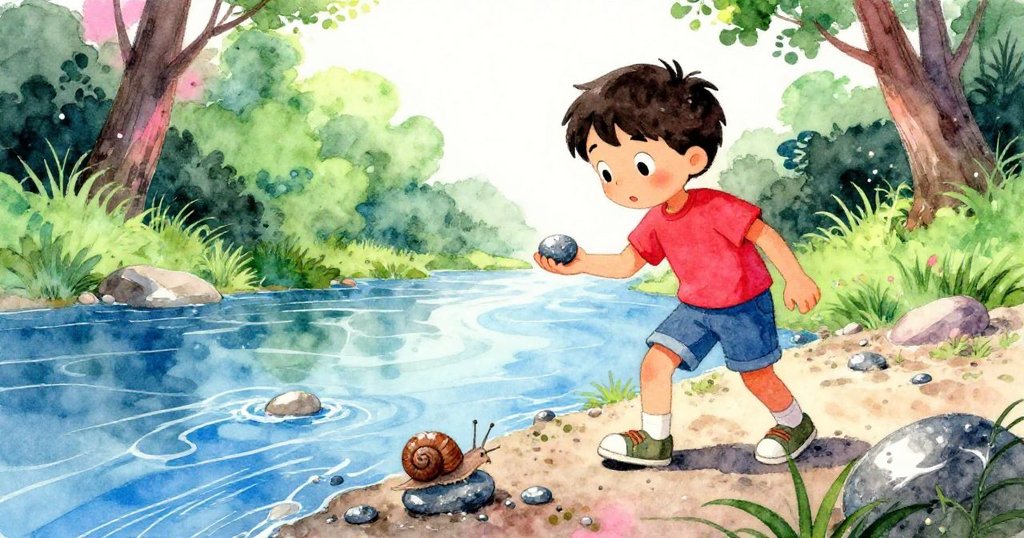 福瑞斯走向河堤，伸手握住冰涼石子，旁有蜷縮蝸牛，背景為河流和遠處碼頭，表情充滿好奇。