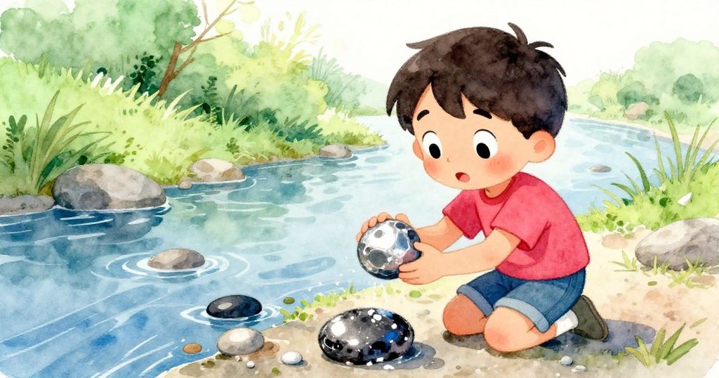 福瑞斯跪在水邊對比兩塊石頭，一塊濕亮一塊乾燥，神情認真，展現選石建塔情景。