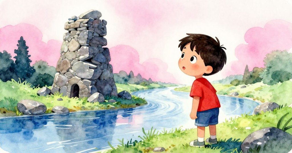 福瑞斯記憶中石塔倒塌瞬間，河堤邊微風輕拂，神情透露出遺憾與成長，氛圍略帶懷舊。