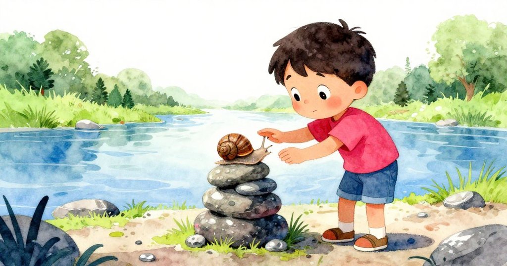 福瑞斯蹲下輕推蝸牛上石頭，面露溫柔決心，河邊石塔背景映襯出其細膩互動。