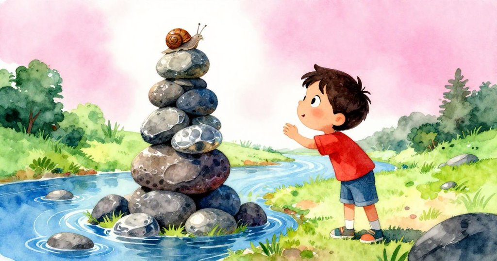 福瑞斯完成石塔，蝸牛安坐塔頂，他滿臉驕傲與喜悅，河堤與碼頭背景營造出豐富結局。