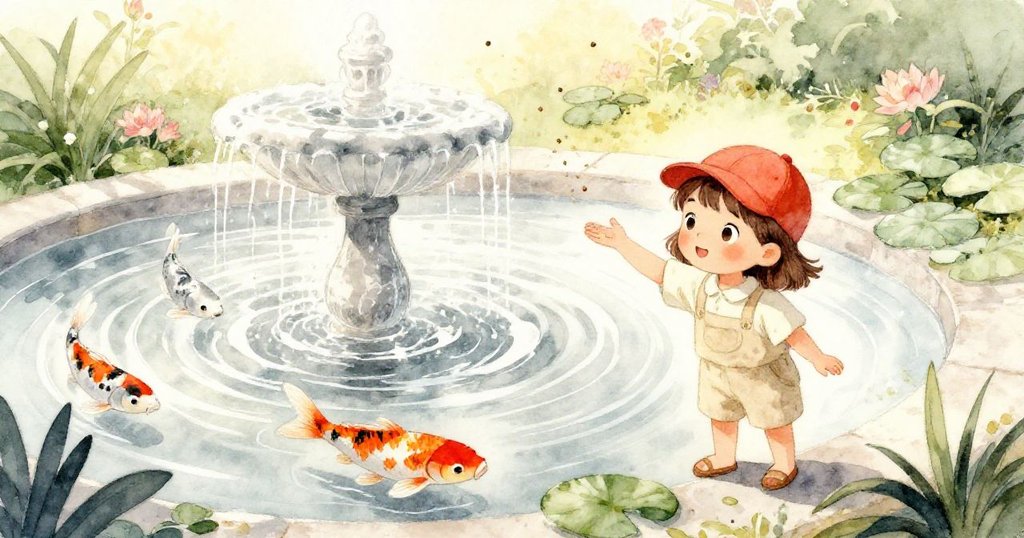 格里爾在花園噴泉旁拋灑小顆粒，池中睡蓮與橙銀色鯉魚盤旋跳躍，景緻寧靜而充滿生機。