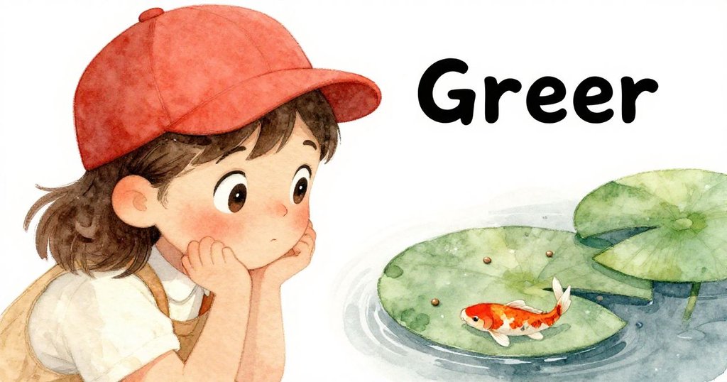 格里爾細緻凝視睡蓮上靜止的顆粒，臉上帶著驚奇與柔和微笑，水面映出小鯉魚嬉戲景象。