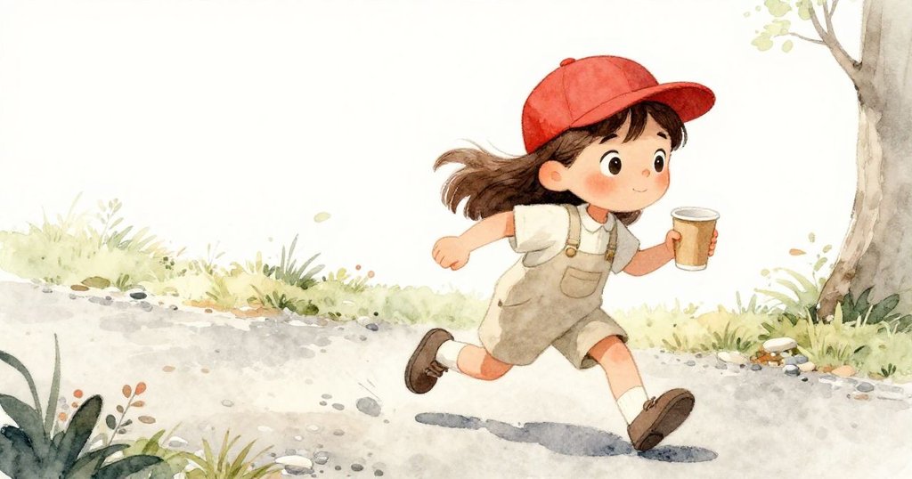 格里爾在碎石小徑上奔跑追逐飛舞的紅帽，手中緊握紙杯，動作敏捷而急切，充滿活力的戶外場景。