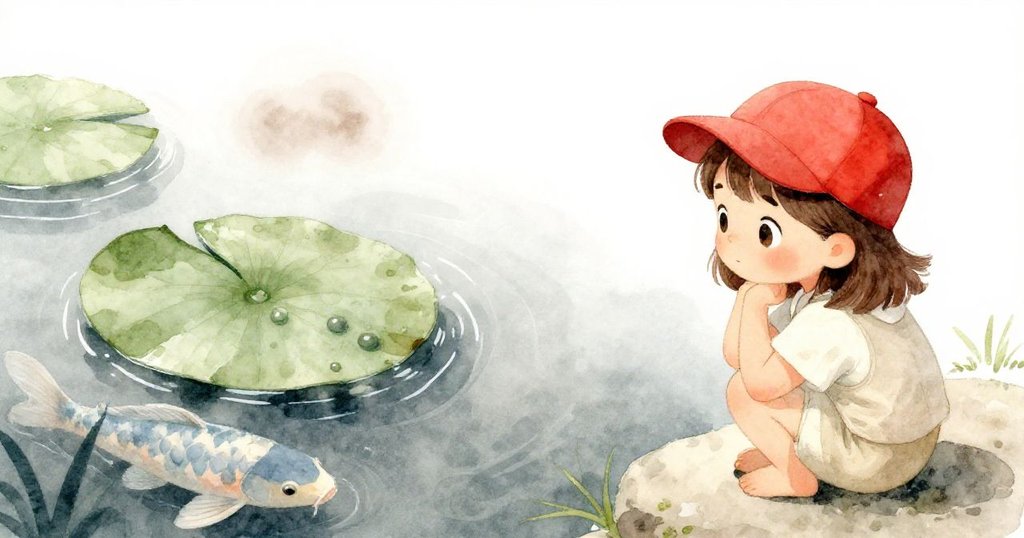 格里爾返回後發現池中睡蓮上斑斑漸變的沉積物與微褐色水霧，大型淺藍鯉魚靜靜游弋，神情中帶有思索。