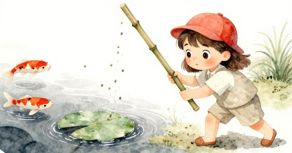 格里爾穩定握住細竹竿輕推睡蓮邊緣，濕潤顆粒緩緩滑落，鯉魚聚集追逐，動作果斷而充滿決心。