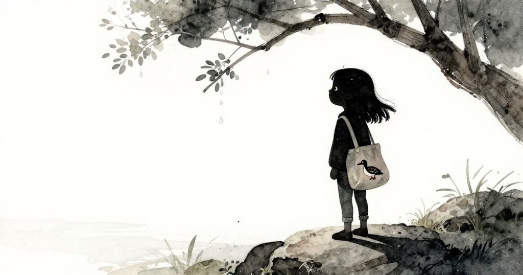 Stella站在光亮石頭上，剪影映著明亮天空，樹枝滴水落下，雨點在背景中奏出初始靜謐的自然樂章。