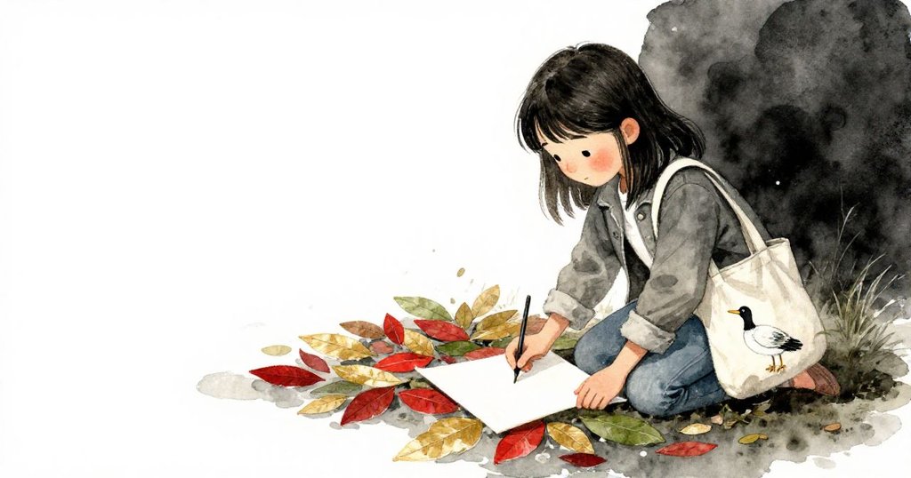 Stella蹲在水漬連環葉拼圖旁，小心地在大水坑上鋪展畫紙，背景空曠突顯創作時的專注與靈感流動。