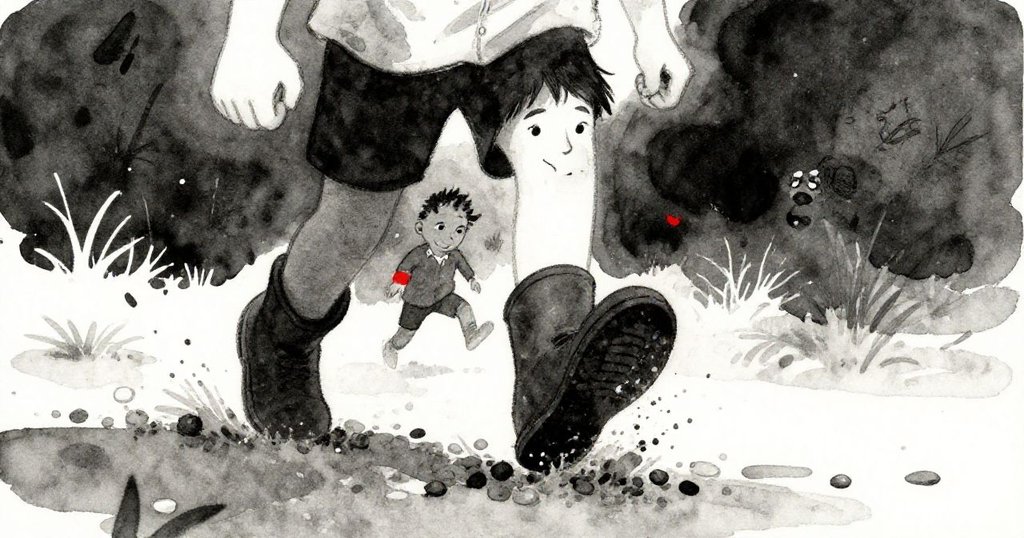 Grant從低角度出現，堅定地用靴子踢動砂礫，雨後濕潤地面中細膩水紋呼應自然力量與動態美感。