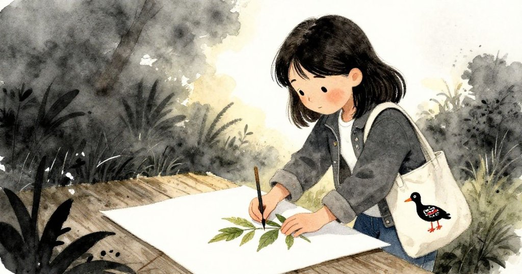 Stella在光影漸變中仔細排列濕葉於新畫紙上，記錄雨後時刻流動的美感與創作中靜謐轉折。