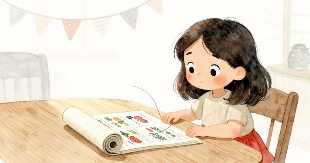 在柔和自然光照的客廳中，珍珠專注觀察桌上搖動的緞帶與農業年鑑，散發出好奇且溫暖的情緒，暗示著神秘的開端。