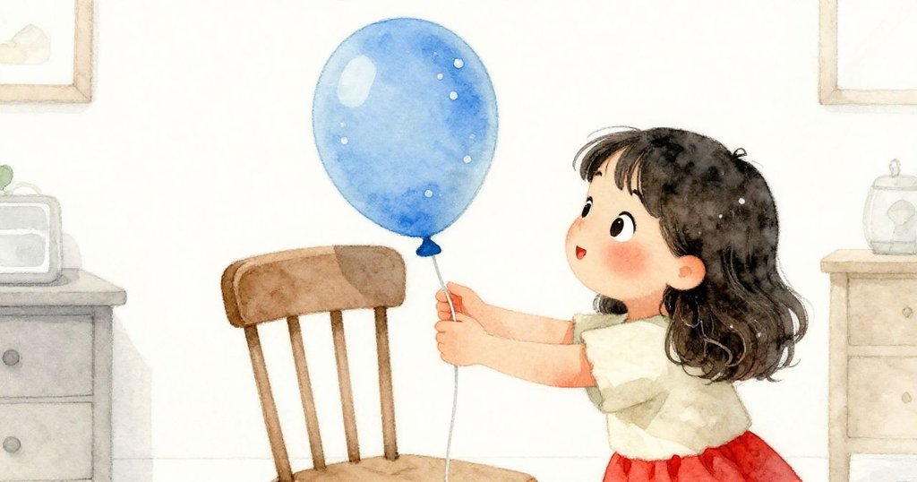 珍珠在溫馨客廳中輕觸藍色半滿氣球，氣球柔軟表面在柔光下顯現希望與可能，臉上洋溢著溫柔微笑。