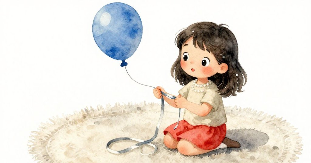 從高角度俯視，珍珠蹲在地毯上專心解開纏繞藍色氣球的螺旋緞帶，臉上顯露出專注而堅定的情緒。