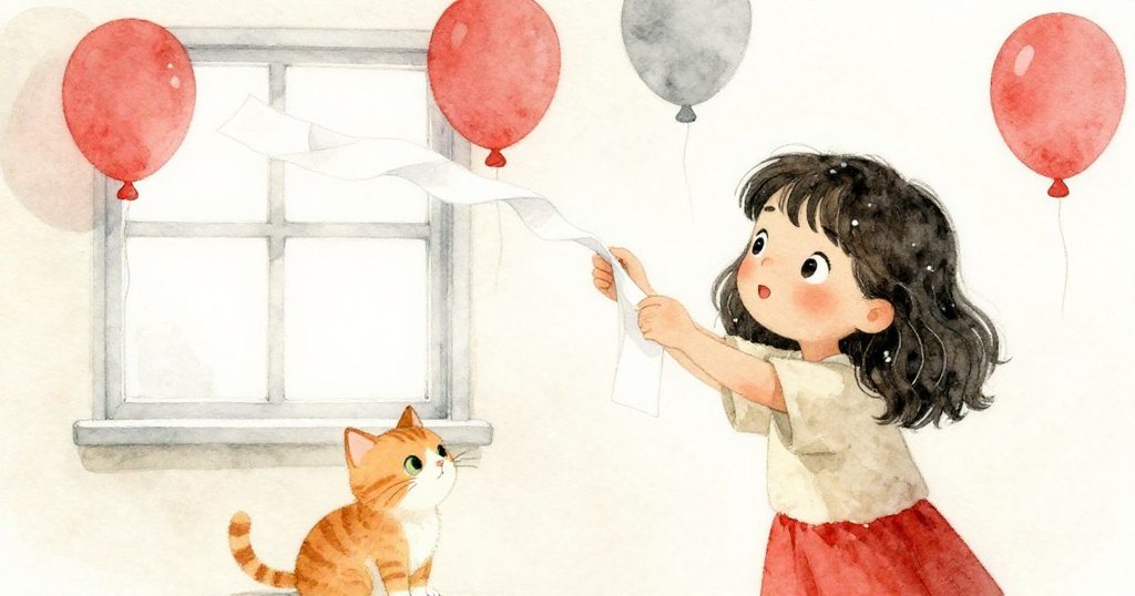 在溫馨客廳中，珍珠拉住垂落的紙彩帶修整，橘色小貓旁協助貼好膠帶，背景中排列著整齊的紅色氣球，充滿團結感。