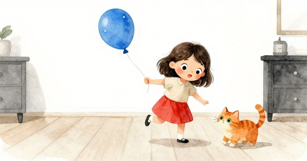 在寬闊客廳中，珍珠和橘色小貓靜靜守候，藍色氣球在木質地板上緩緩滾動，展現出冒險後的溫馨寧靜。