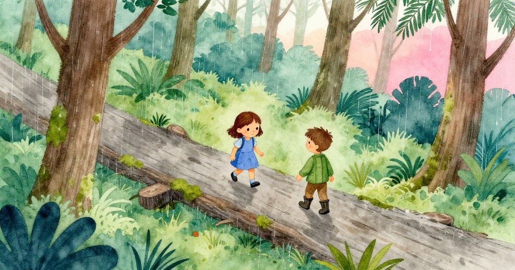 Pia與Noel在濕潤森林中探險,雨水中苔蘚樹幹與木板展現大自然奧秘,充滿好奇與期待。