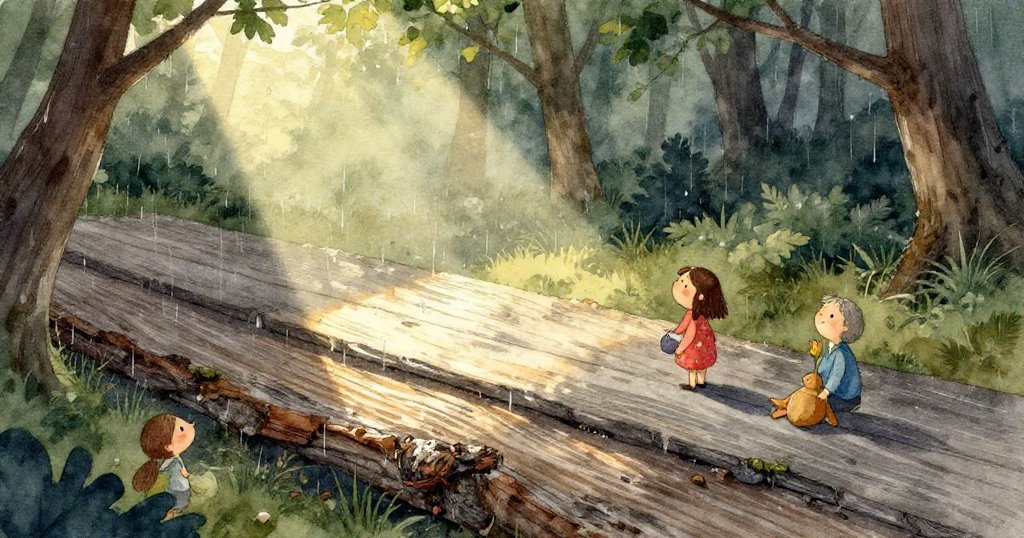 Pia輕按濃綠苔蘚,木板上陽光閃耀細節,展示探險初始時的專注與勇氣。