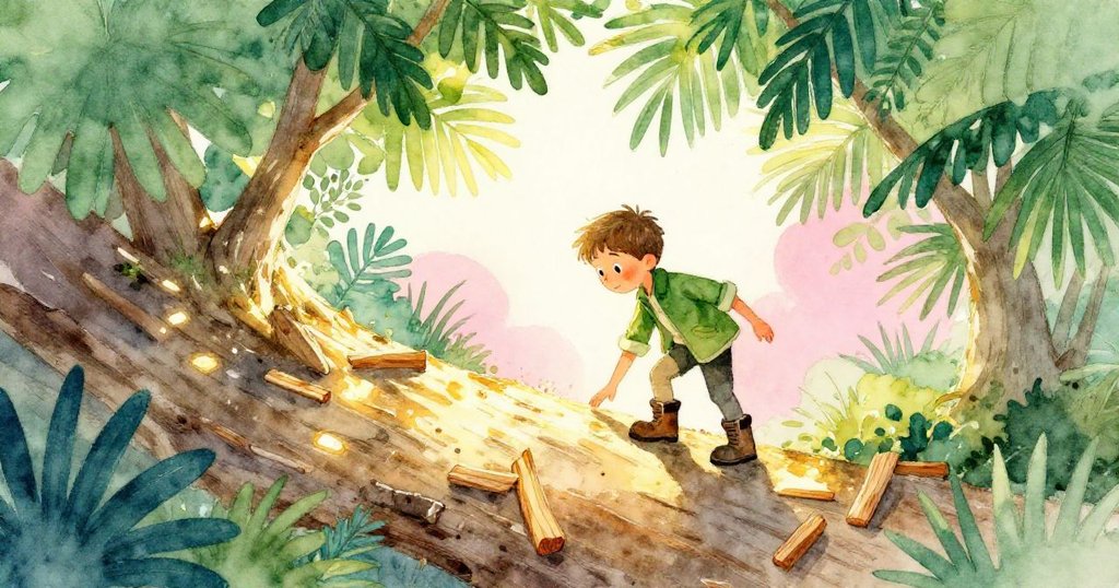 Noel在樹蔭縫隙中沐光,穩步於泥濘中,透過光束展現森林神秘與希望。