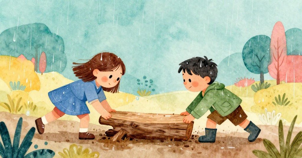 Pia與Noel在瓢潑大雨中合作推動木板,濕潤泥土與水滴映出他們的專注與默契。