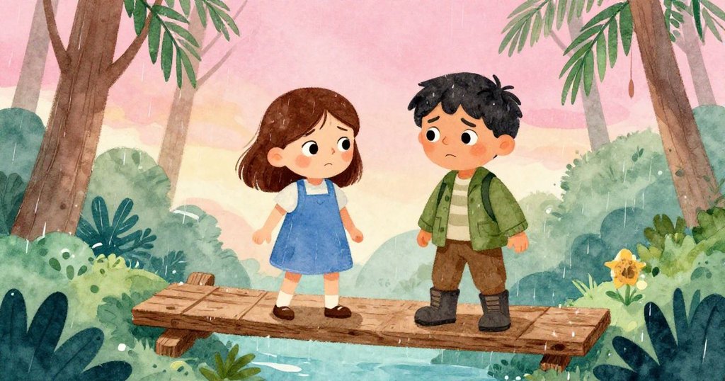 Pia與Noel神情專注,雨中木橋顫動映出內心掙扎與決心,充滿挑戰與期待的瞬間。