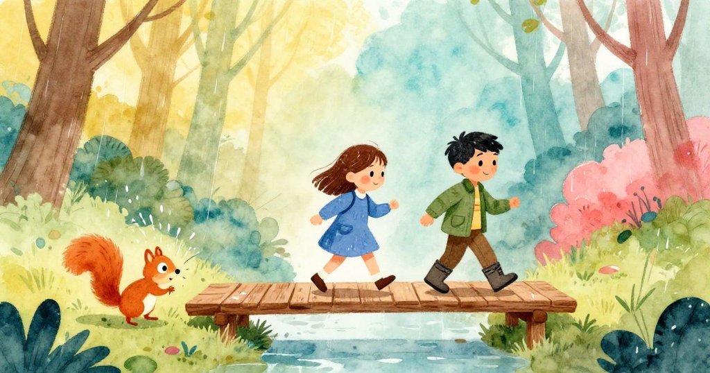 Pia穩固木橋帶領Noel安全過橋,旁邊松鼠快樂甩水,雨後森林散發寧靜和勝利喜悅。