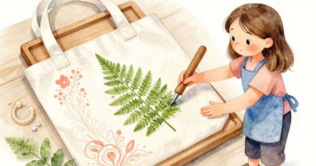 Willa專注使用木質壓框在手提包上印樹蕨，細節豐富，墨水柔和映出葉脈，畫面充滿工藝魅力