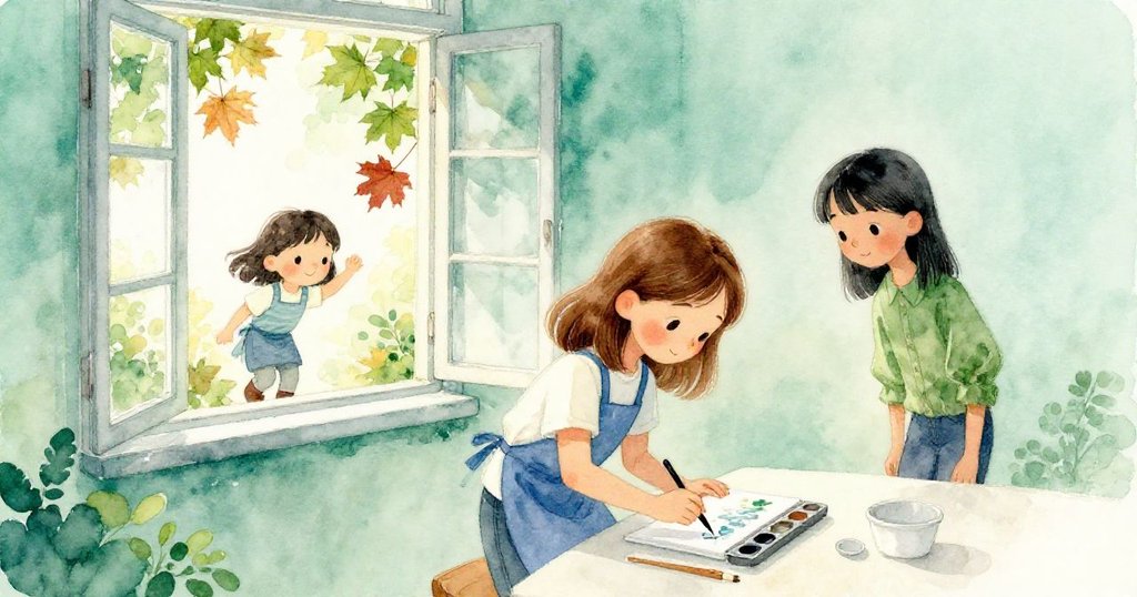 Willa專心操作墨墊，Sara拿著楓葉從窗邊進入，室內外光影交錯，氣氛温暖而充滿期待