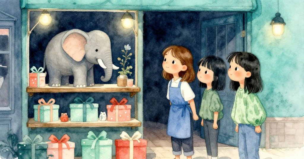 在禮品店中，小木象因微風輕動輕輕傾倒，Willa和Sara好奇相視，營造出創意旅程圓滿溫馨重逢