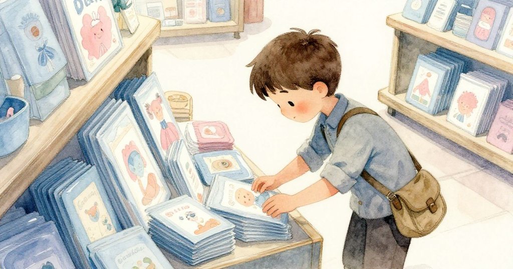 從高角度看,戴爾彎身於陳列的茉莉盒前,指尖輕觸冰涼木紋,流露出好奇與專注的神情。