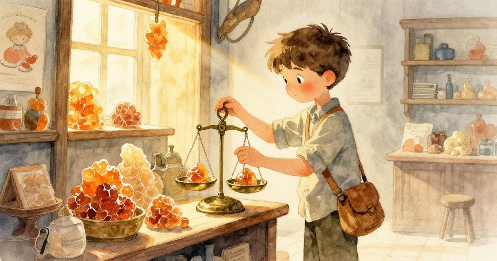 戴爾專注地調整古老黃銅秤,周圍散放樹脂與木材包裹,金黃色夕陽灑入室內營造出溫馨氛圍。