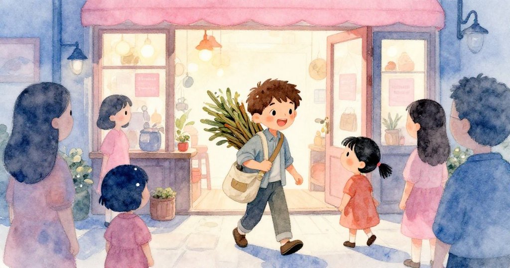 戴爾滿意地將珍貴雪松包裹放入畫布袋中,珮兒在背景注視,小店隨著柔和暮光展現出溫馨結局。