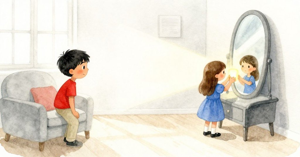 Dale注意滑動的光點，Pia穩握溫暖書本調整鏡子，室內光影交錯展現溫馨、動態合作情景。