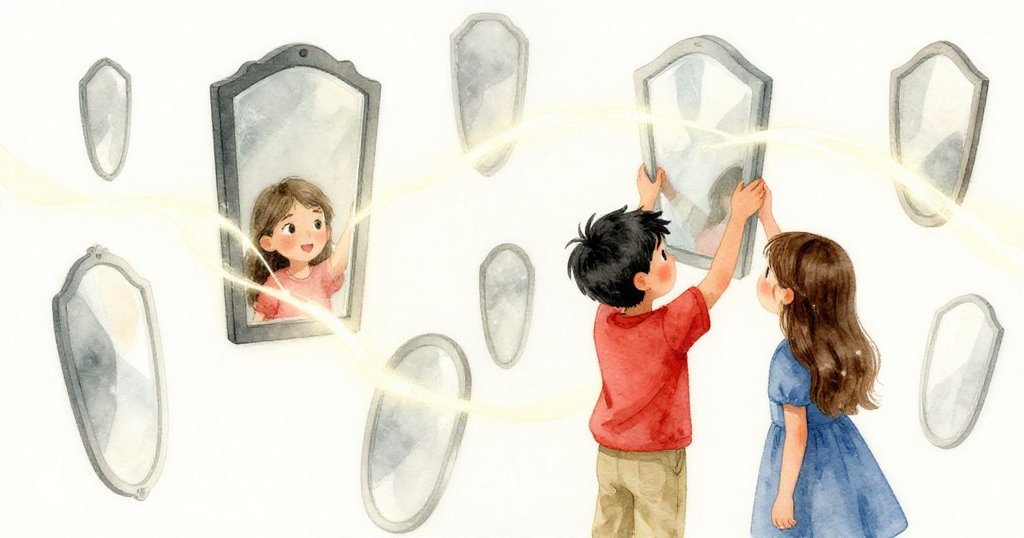 Dale與Pia專注調整鏡子，現實中飄逸光帶交織幻想，雙重視界融合，神秘卻溫暖呈現室內情境。