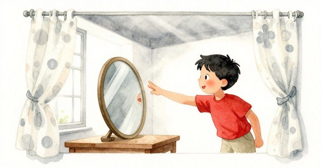 輕風穿窗帶動窗簾飄動，Dale肘部碰桌引鏡子搖晃，光線穿越天花板展現連鎖反應，動態生動。