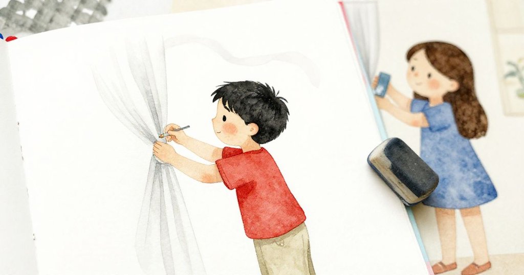 Pia貼上膠帶固定窗簾，Dale微調橡皮楔，光點穩落白卡上，塵絲緩飄，呈現寧靜收官情景。