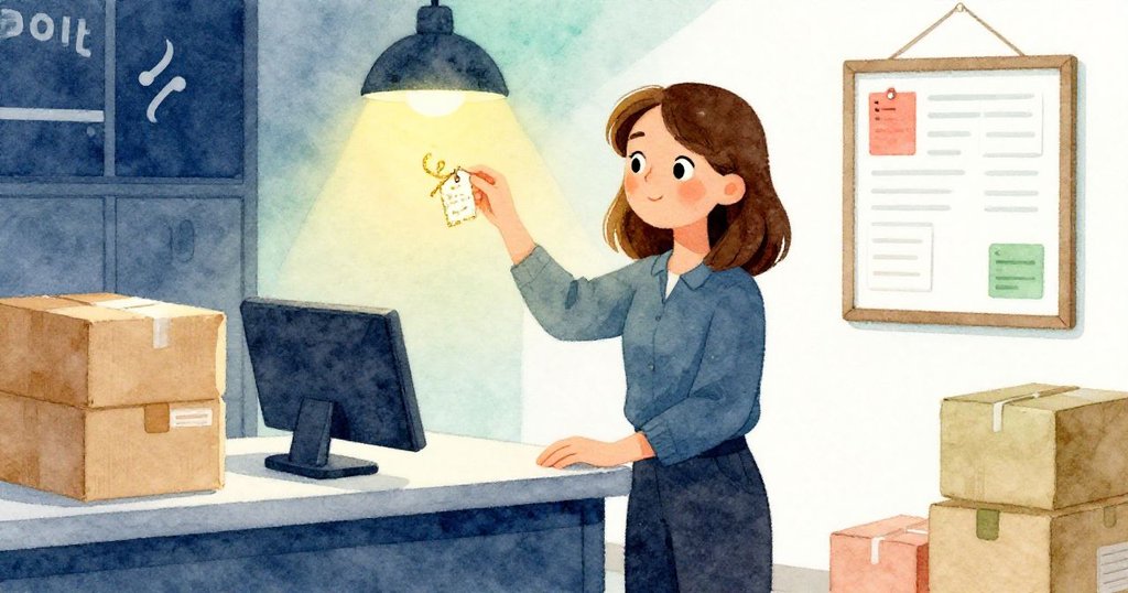 June在現代郵局辦公桌前輕撚捏著捲曲的地址標籤，燈光溫暖柔和，場景充滿辦公細節與安靜氣氛。