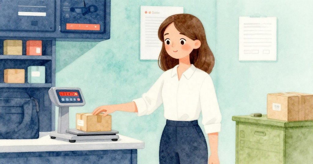 June手持小包裹放上數位秤，票號閃爍於顯示屏上，現代辦公櫃台細節清晰，神情堅定。