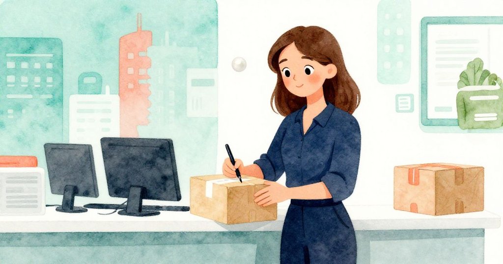 June最後用墨水簽封包裹，臉上展露滿足與堅定，辦公室整潔現代，暗示新旅程即將展開。