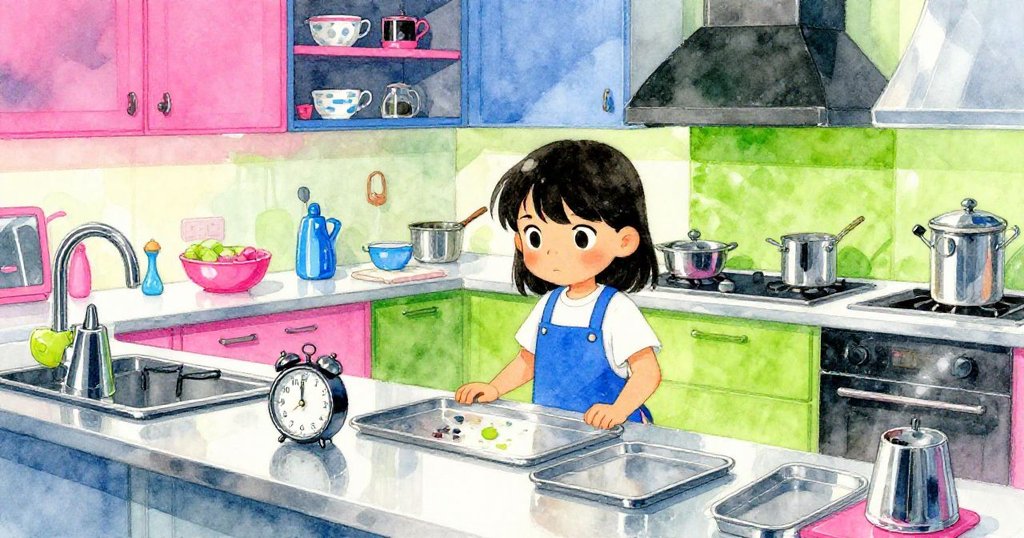 Suki在明亮現代廚房開始工作，倒影中顯示她堅定神情與金屬托盤、計時器輝映出活力和期待。