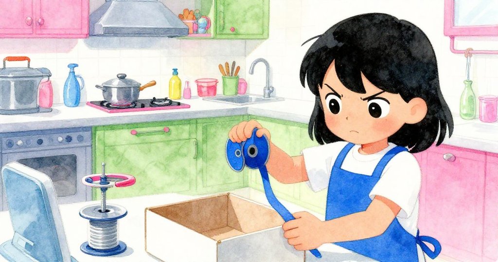 從Suki背後角度觀看，她用手指捏住藍色緞帶捲軸，空盒與忙碌包裝站勾勒出專注細緻情景。