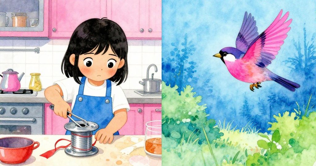 Suki正用夾子調整緞帶捲軸，室內專注與窗外雀鳥輕舞形成對比，展現現實與幻想交融情境。