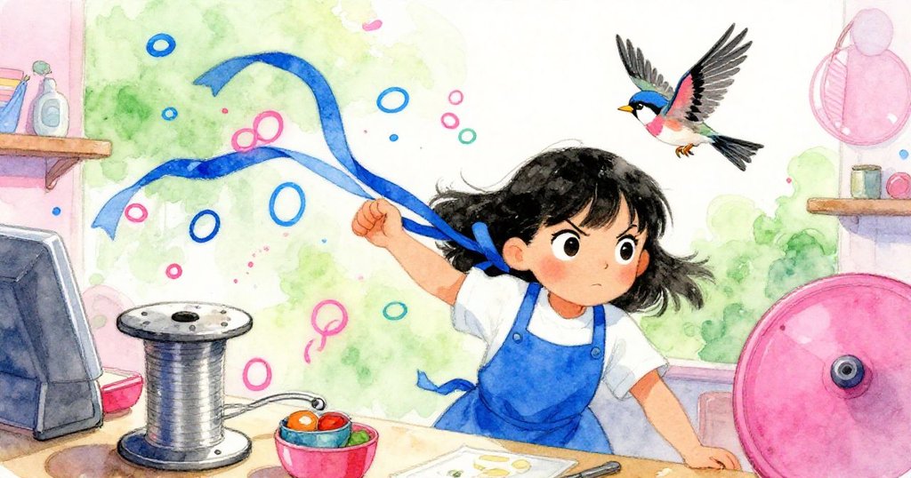 Suki猛然拉扯下藍色緞帶，緞帶在空中飛舞，雀鳥突入房內，瞬間營造出驚喜與熱鬧氣氛。