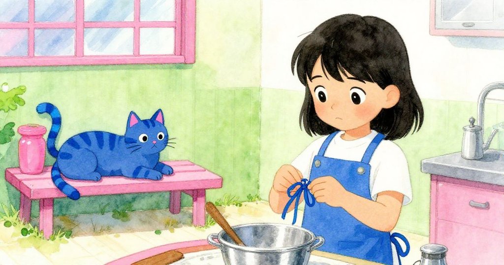 Suki細心綁好藍色緞帶蝴蝶結，廚房重歸寧靜，戶外藍條貓靜靜注視，呈現工作後的祥和安寧。