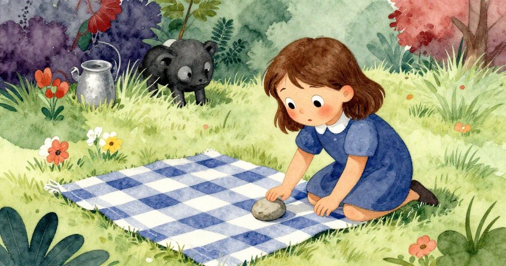 諾拉在草地野餐中輕觸條紋布,注視滑動石頭,神情好奇,陽光柔和映照整個場景