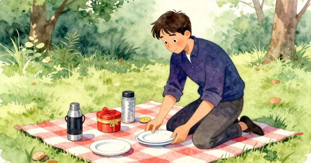 伊夫在野餐布上有序擺放餐盤與午餐容器,神情專注,溫暖陽光中展現精心佈置的場景