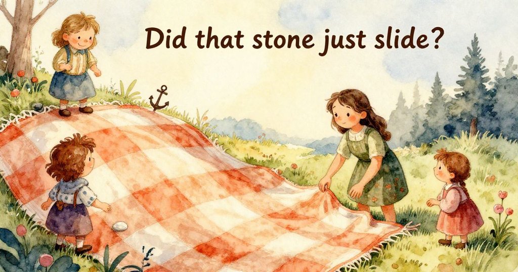 風起時,圓形容器在野餐布上滾動,撞擊意大利麵碗,蓋子翻飛,螺旋紋路活潑展現動感